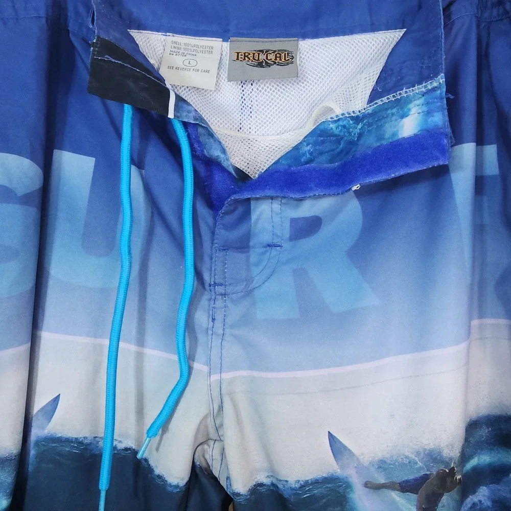 Tru Cal Board Shorts Mens LG Blue Surf Wave Graphic Print Swim Trunks Mesh Lined